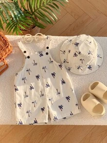 SHEIN Conjunto de pijama y gorro con estampado de árbol de coco tropical para bebé niño, adecuado para uso diario y vacaciones de verano - Multicolor - Ver 7