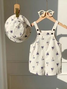 SHEIN Conjunto de pijama y gorro con estampado de árbol de coco tropical para bebé niño, adecuado para uso diario y vacaciones de verano - Multicolor - Ver 5