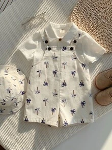 SHEIN Conjunto de pijama y gorro con estampado de árbol de coco tropical para bebé niño, adecuado para uso diario y vacaciones de verano - Multicolor - Ver 8