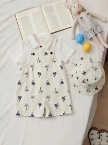 SHEIN Conjunto de pijama y gorro con estampado de árbol de coco tropical para bebé niño, adecuado para uso diario y vacaciones de verano - Multicolor - Ver 3