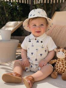 SHEIN Conjunto de pijama y gorro con estampado de árbol de coco tropical para bebé niño, adecuado para uso diario y vacaciones de verano - Multicolor - Ver 2