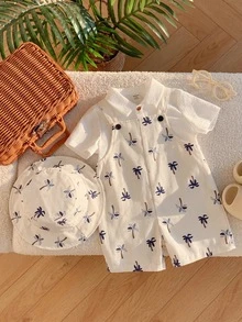 SHEIN Conjunto de pijama y gorro con estampado de árbol de coco tropical para bebé niño, adecuado para uso diario y vacaciones de verano - Multicolor - Ver 1