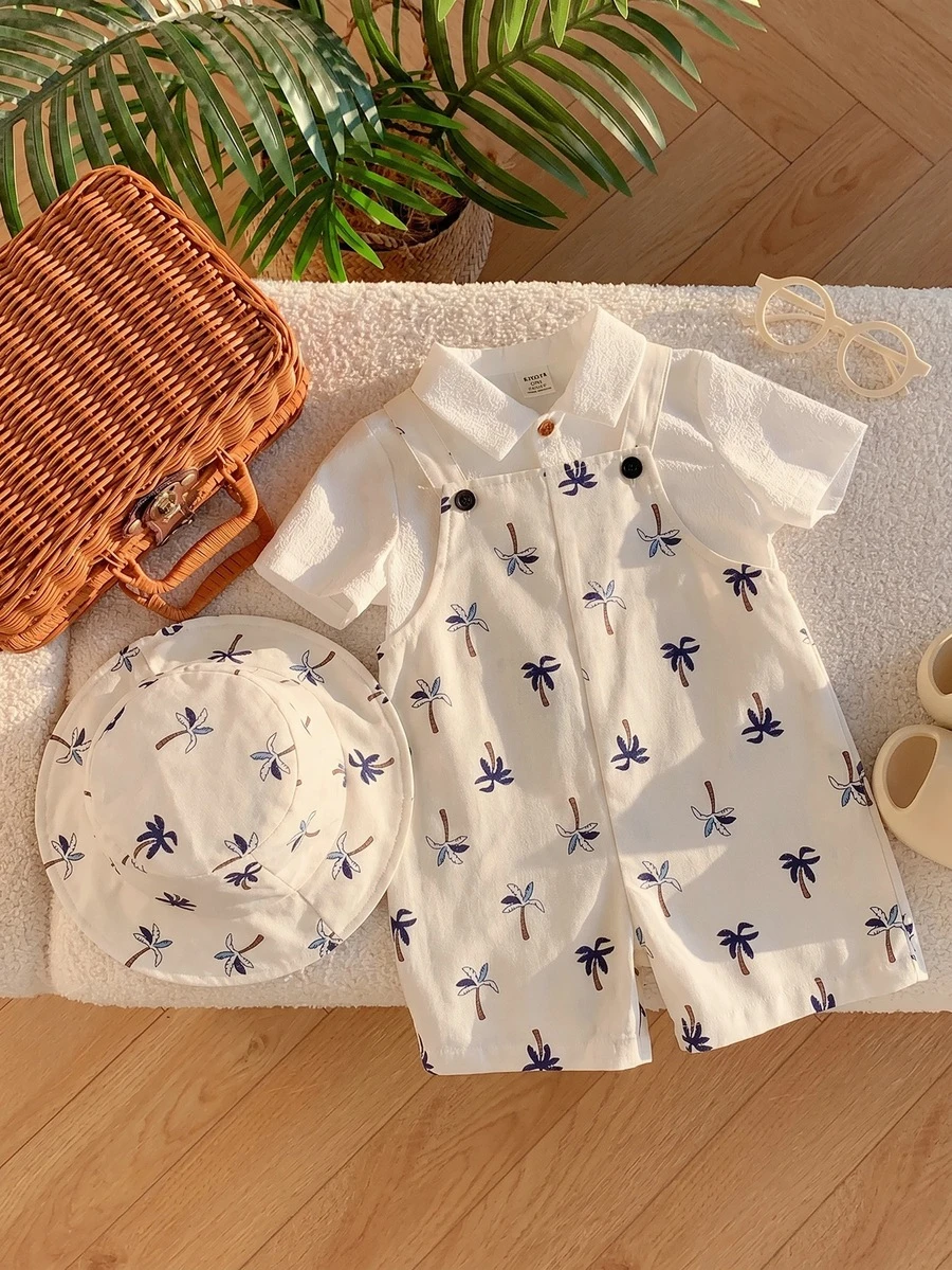 SHEIN Conjunto de pijama y gorro con estampado de árbol de coco tropical para bebé niño, adecuado para uso diario y vacaciones de verano - Multicolor - Ver 1