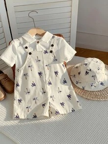 SHEIN Conjunto de pijama y gorro con estampado de árbol de coco tropical para bebé niño, adecuado para uso diario y vacaciones de verano - Multicolor - Ver 6