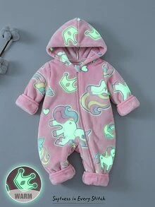 SHEIN 女嬰卡通圖案仿皮草加厚連帽拉鍊長袖連身褲，適合冬季穿著 - 彩色 - 查看 2
