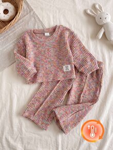 SHEIN Playful Pals 2pcs Baby Girl Long Sleeve Top + Pants Sweet Pink Multi Waffle Rainbow Grid Plaid Full Sleeve Round Neck Regular Birthday Party Fall Holiday - Multicolor - View 10