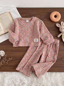 SHEIN Playful Pals 2pcs Baby Girl Long Sleeve Top + Pants Sweet Pink Multi Waffle Rainbow Grid Plaid Full Sleeve Round Neck Regular Birthday Party Fall Holiday - Multicolor - View 9