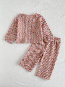 SHEIN Playful Pals 2pcs Baby Girl Long Sleeve Top + Pants Sweet Pink Multi Waffle Rainbow Grid Plaid Full Sleeve Round Neck Regular Birthday Party Fall Holiday - Multicolor - View 2