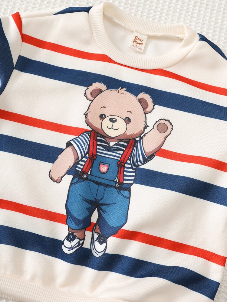 Cozy Pixies Kids Young Boys Sweatpants Knitted Autumn Winter Pullover Round Neck Bear Print Colorblock Striped Casual Comfortable Set - Multicolor - View 6