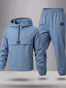 SHEIN 2pcs/Set Tween Boy Half-Zip Hooded Jacket & Jogger Pants Casual Sporty Set, Suitable For Autumn/Winter Season - Dusty Blue - View 7