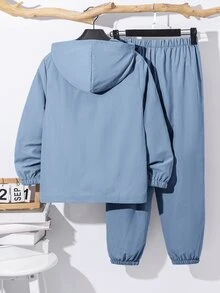 SHEIN 2pcs/Set Tween Boy Half-Zip Hooded Jacket & Jogger Pants Casual Sporty Set, Suitable For Autumn/Winter Season - Dusty Blue - View 2