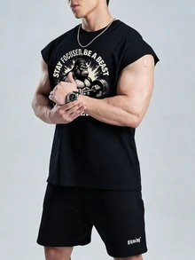 Coreblaze 男士休闲运动印花肌肉背心哑铃标志夏季健身背心，轻便 - 黑色 - 查看 4