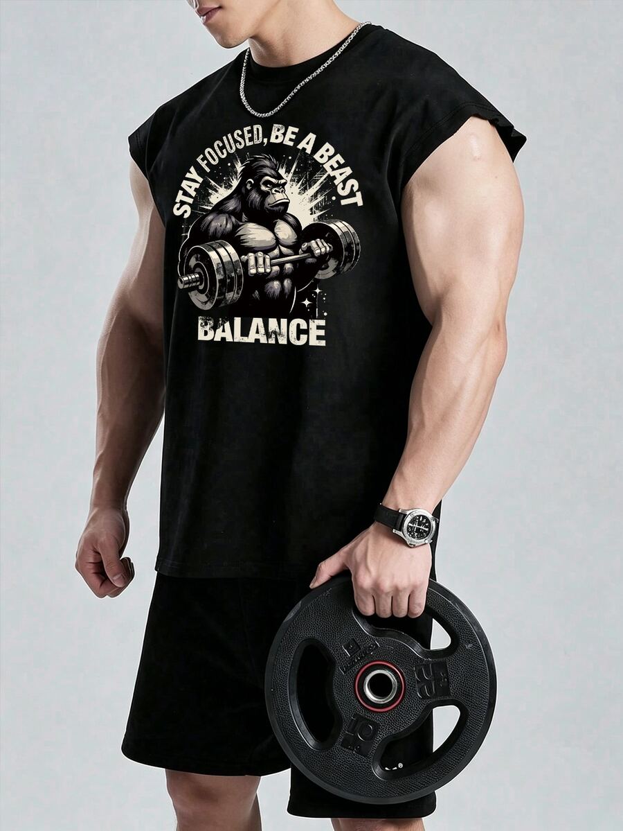 Coreblaze 男士休闲运动印花肌肉背心哑铃标志夏季健身背心，轻便 - 黑色 - 查看 1