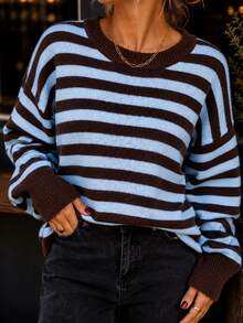 Serisse Women's Casual French Blue And Brown Sweater, Autumn/Winter Elegant Formal Luxury Business Chic Basic Christmas Back To School Festival Brunch - Multicolor - View 4