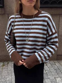 Serisse Women's Casual French Blue And Brown Sweater, Autumn/Winter Elegant Formal Luxury Business Chic Basic Christmas Back To School Festival Brunch - Multicolor - View 3