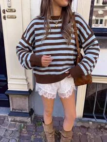 Serisse Women's Casual French Blue And Brown Sweater, Autumn/Winter Elegant Formal Luxury Business Chic Basic Christmas Back To School Festival Brunch - Multicolor - View 12