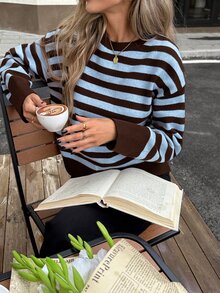 Serisse Women's Casual French Blue And Brown Sweater, Autumn/Winter Elegant Formal Luxury Business Chic Basic Christmas Back To School Festival Brunch - Multicolor - View 8