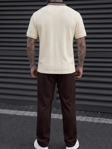 Manfinity Homme 男士針織提花短袖 Polo 衫與純色長褲套裝，休閒日常通勤風格，度假風，米色巧克力棕，夏季 - 彩色 - 查看 2