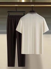 Manfinity Homme 男士針織提花短袖 Polo 衫與純色長褲套裝，休閒日常通勤風格，度假風，米色巧克力棕，夏季 - 彩色 - 查看 5