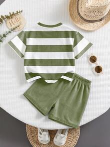 Baby Boy Casual Minimalist Cartoon Print Short Sleeve T-Shirt And Shorts Set Suitable For Summer - Multicolor - View 2