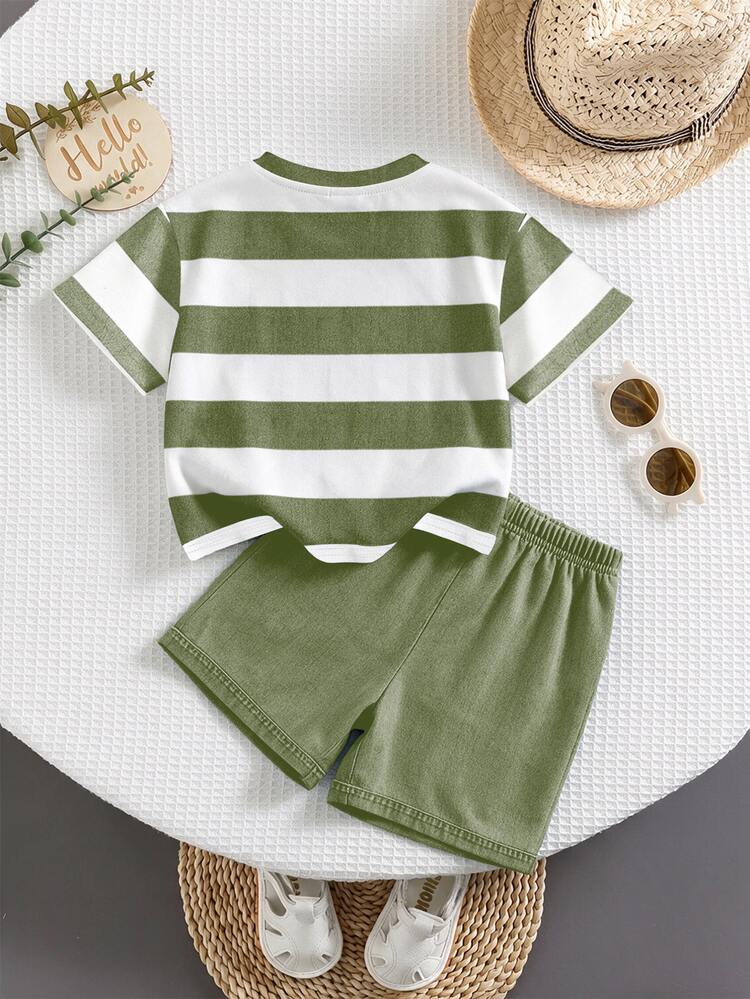 Baby Boy Casual Minimalist Cartoon Print Short Sleeve T-Shirt And Shorts Set Suitable For Summer - Multicolor - View 2