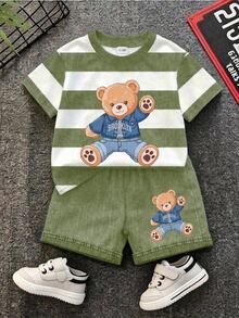 Baby Boy Casual Minimalist Cartoon Print Short Sleeve T-Shirt And Shorts Set Suitable For Summer - Multicolor - View 4