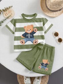 Baby Boy Casual Minimalist Cartoon Print Short Sleeve T-Shirt And Shorts Set Suitable For Summer - Multicolor - View 1