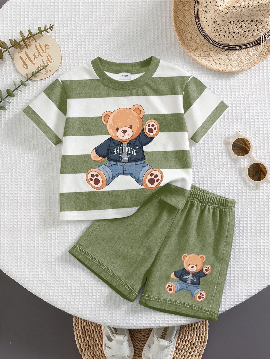 Baby Boy Casual Minimalist Cartoon Print Short Sleeve T-Shirt And Shorts Set Suitable For Summer - Multicolor - View 1