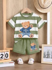 Baby Boy Casual Minimalist Cartoon Print Short Sleeve T-Shirt And Shorts Set Suitable For Summer - Multicolor - View 3