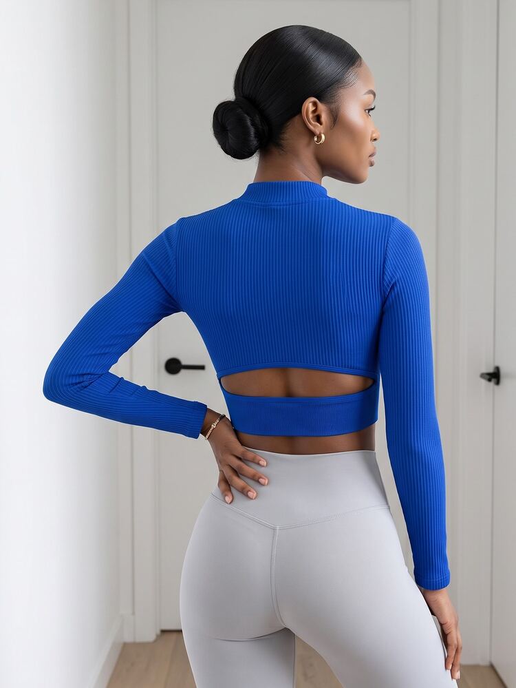 SHEIN Core Rhythm Solid Color Cropped Long Sleeve Sports T-Shirt Gym Royal Blue Autumn Sporty Sexy - Blue - View 2