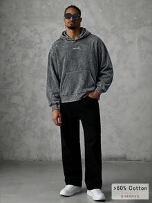 SLATEMANN 男士字母印花長袖口袋休閒連帽衫 - 深灰色 - 查看 5
