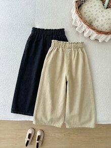 SHEIN 兒童 2件組 青少年女孩淺卡其色與黑色寬鬆牛仔長褲 秋冬休閒服 - 彩色 - 查看 8