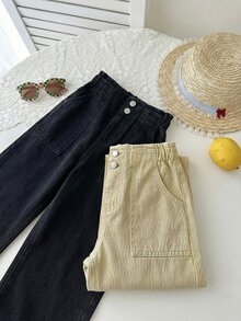 SHEIN 兒童 2件組 青少年女孩淺卡其色與黑色寬鬆牛仔長褲 秋冬休閒服 - 彩色 - 查看 6