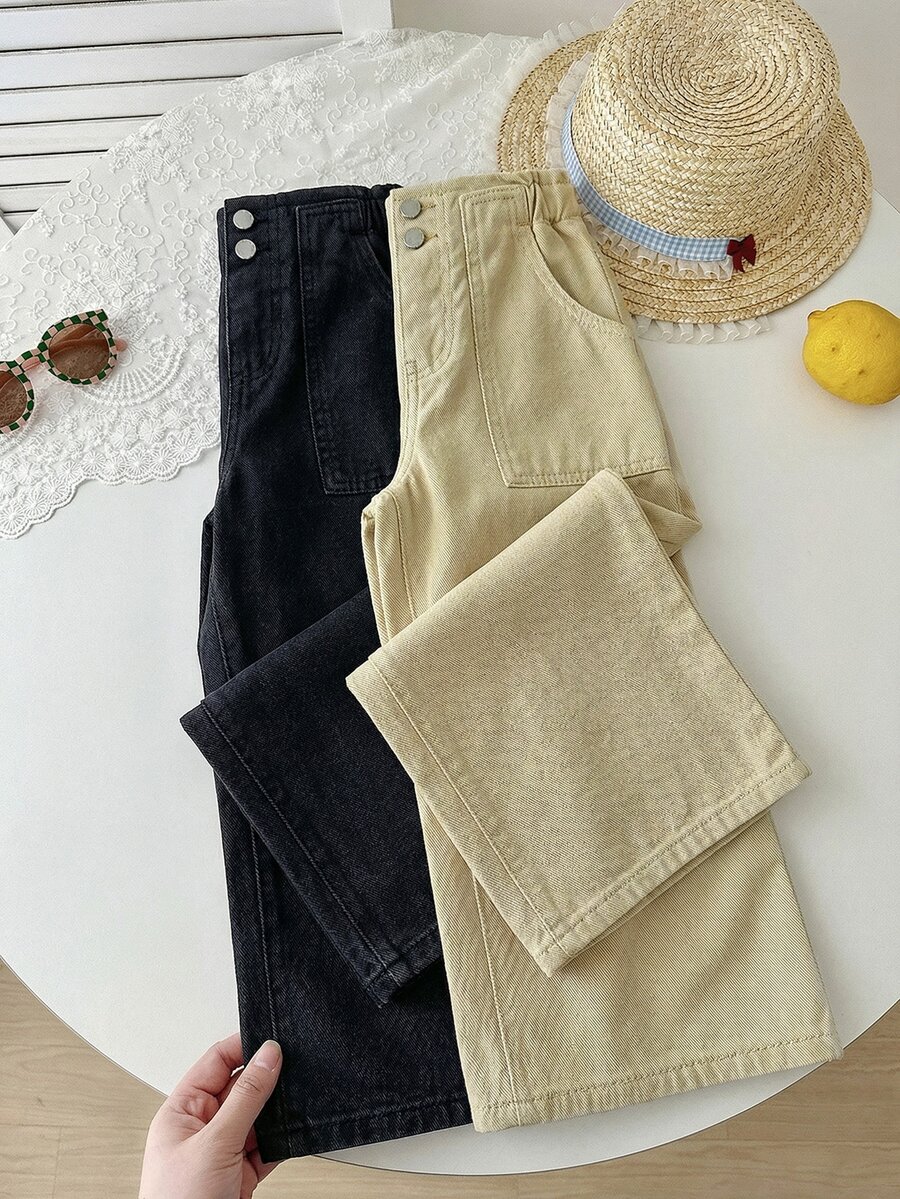 SHEIN 兒童 2件組 青少年女孩淺卡其色與黑色寬鬆牛仔長褲 秋冬休閒服 - 彩色 - 查看 1