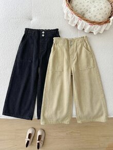 SHEIN 兒童 2件組 青少年女孩淺卡其色與黑色寬鬆牛仔長褲 秋冬休閒服 - 彩色 - 查看 4