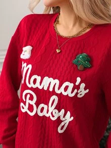 SHEIN Clasi Women's Ribbed Pullover Sweatshirt With Letter Print Pattern, Suitable For Dating, Vacation, Party, Daily Outings, Gatherings, Outdoor Activities, Commuting, Street Style - Red - View 7