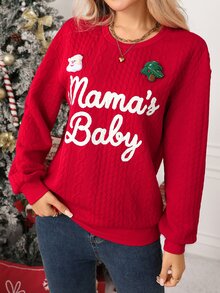 SHEIN Clasi Women's Ribbed Pullover Sweatshirt With Letter Print Pattern, Suitable For Dating, Vacation, Party, Daily Outings, Gatherings, Outdoor Activities, Commuting, Street Style - Red - View 6
