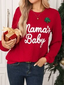 SHEIN Clasi Women's Ribbed Pullover Sweatshirt With Letter Print Pattern, Suitable For Dating, Vacation, Party, Daily Outings, Gatherings, Outdoor Activities, Commuting, Street Style - Red - View 1