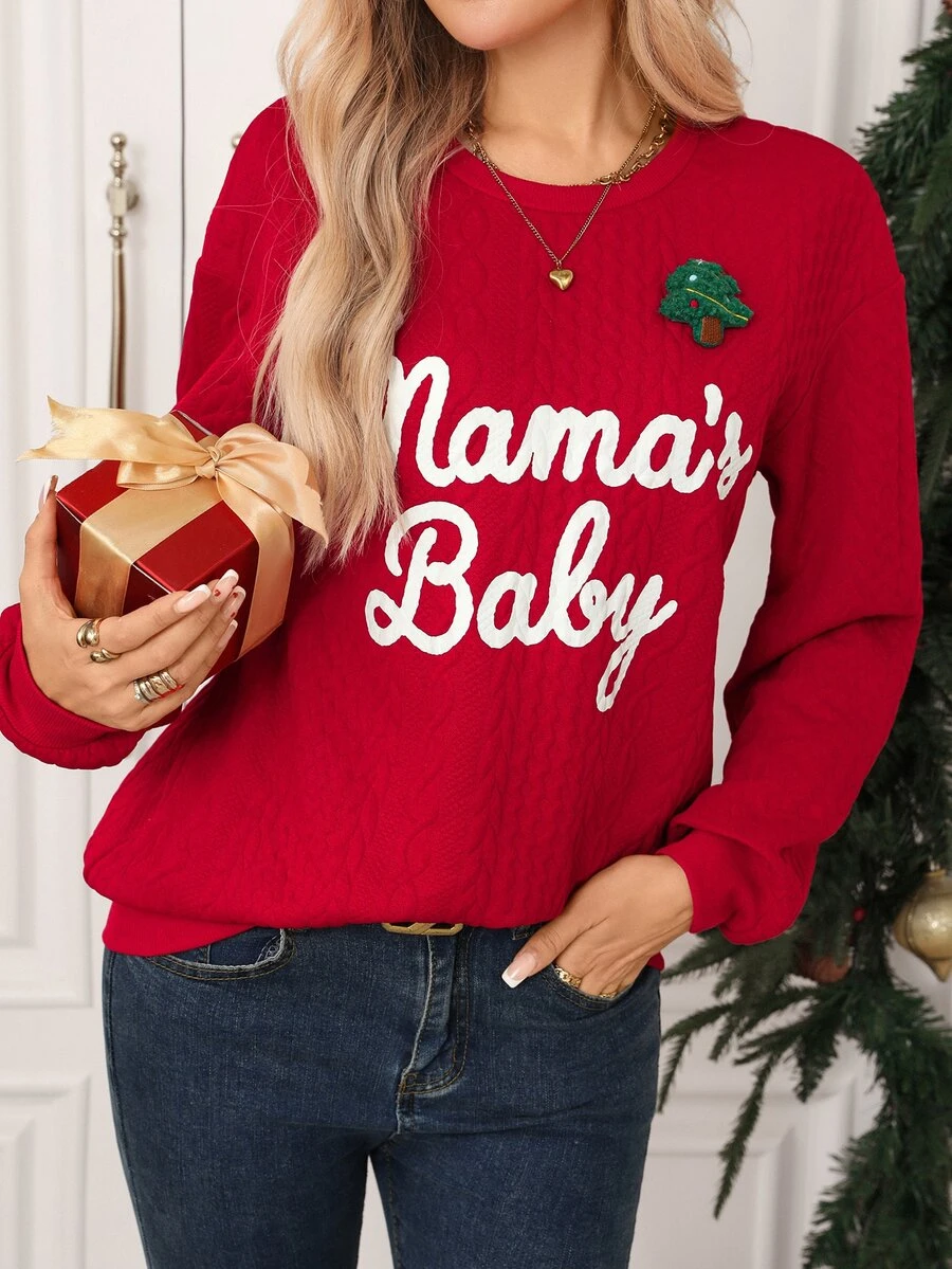 SHEIN Clasi Women's Ribbed Pullover Sweatshirt With Letter Print Pattern, Suitable For Dating, Vacation, Party, Daily Outings, Gatherings, Outdoor Activities, Commuting, Street Style - Red - View 1
