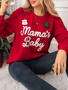 SHEIN Clasi Women's Ribbed Pullover Sweatshirt With Letter Print Pattern, Suitable For Dating, Vacation, Party, Daily Outings, Gatherings, Outdoor Activities, Commuting, Street Style - Red - View 5