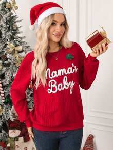 SHEIN Clasi Women's Ribbed Pullover Sweatshirt With Letter Print Pattern, Suitable For Dating, Vacation, Party, Daily Outings, Gatherings, Outdoor Activities, Commuting, Street Style - Red - View 4