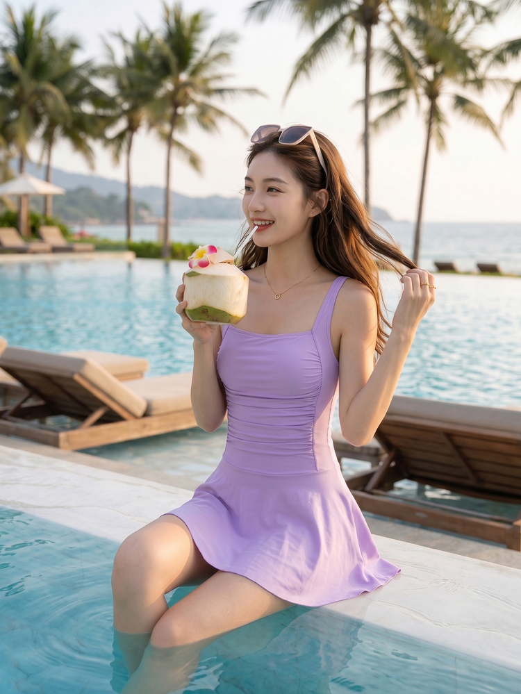 DAZY 女款極簡風抓皺連身泳衣，適合度假海灘 - 紫色 - 查看 5
