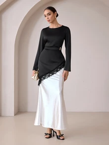 Graceveil Solid Color Round Neck Glossy Metal Button Long Sleeve Asymmetrical Hem Lace Trim Tie Waist Ruched Elegant Casual Versatile Blouse For Women - Black - View 6
