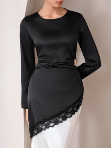 Graceveil Solid Color Round Neck Glossy Metal Button Long Sleeve Asymmetrical Hem Lace Trim Tie Waist Ruched Elegant Casual Versatile Blouse For Women - Black - View 8