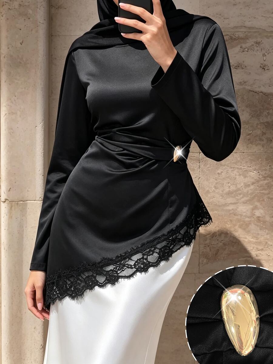 Graceveil Solid Color Round Neck Glossy Metal Button Long Sleeve Asymmetrical Hem Lace Trim Tie Waist Ruched Elegant Casual Versatile Blouse For Women