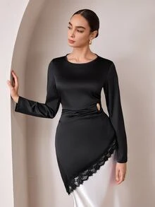 Graceveil Solid Color Round Neck Glossy Metal Button Long Sleeve Asymmetrical Hem Lace Trim Tie Waist Ruched Elegant Casual Versatile Blouse For Women - Black - View 7