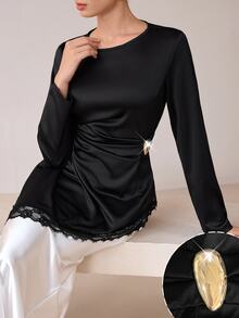 Graceveil Solid Color Round Neck Glossy Metal Button Long Sleeve Asymmetrical Hem Lace Trim Tie Waist Ruched Elegant Casual Versatile Blouse For Women - Black - View 5