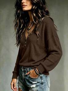 SHEIN Sweater Kasual Lengan Panjang Leher V dengan Desain Kancing Warna Polos untuk Wanita - Coffee Brown - View 4