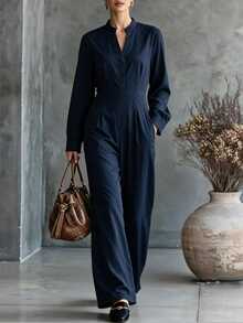 Omancia Jumpsuit nữ màu trơn cổ đứng cổ chữ V tay dài ống rộng, đa năng mặc thường ngày đi làm và đi chơi - Màu xanh hải quân - Xem 6