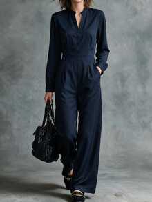 Omancia Jumpsuit nữ màu trơn cổ đứng cổ chữ V tay dài ống rộng, đa năng mặc thường ngày đi làm và đi chơi - Màu xanh hải quân - Xem 5